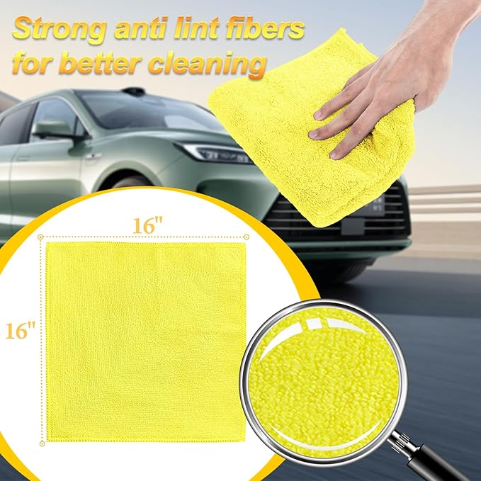 Car Wash Drying Towels, 450gsm Ultra-Thick Absorbent Lint-Free Extra Soft Microfiber Rags for Car Detailing, Interior & Exterior Cleaning Cloths, 16in x 16in - Microfiber, Grey+Blue+Yellow, 12 Packs