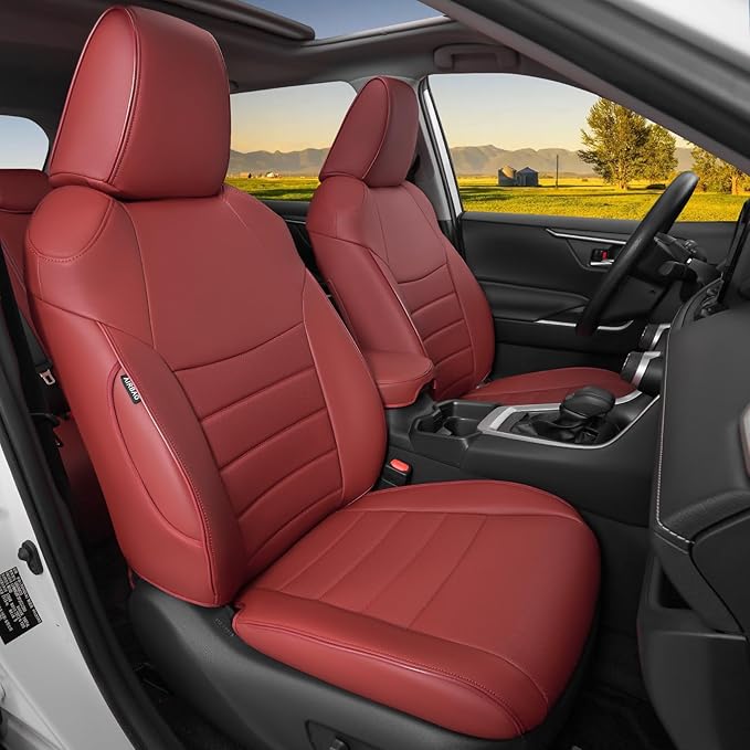 HKZ Custom Fit RAV4 Hybrid Car Seat Covers Set for 2019 2020 2021 2022 2023 2024 2025 Toyota RAV4 Hybrid Model Only LE,XLE,Limited,Woodland Edition,XLE Premium- 5 Seats Full Set Leather(Burgundy)