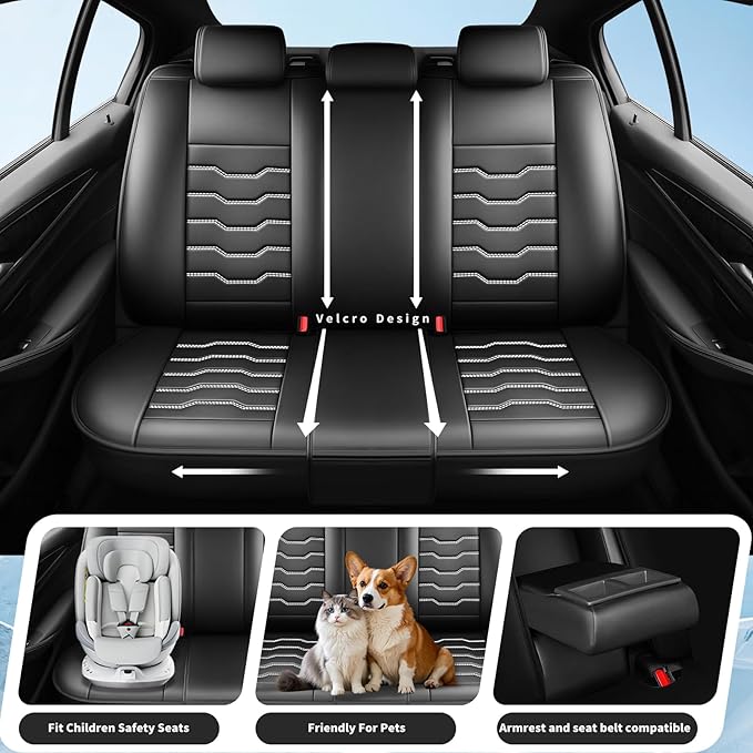 Fit Sonata Car Seat Covers Premium Leather for Hyundai Sonata 2007-2025 2026. Waterproof， Breathable, Scratch-Resistant & All-Weather Seat Cushion Protector（Full Set,White Line Black