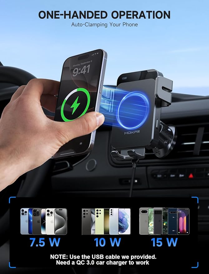 MOKPR Wireless Car Charger, 15W Auto Clamping Car Charger Dash Windshield Air Vent Phone Holder Compatible with iPhone 16 15 14/13/13 Pro/12 pro/12/11/X/8, Samsung S24/S23/S22