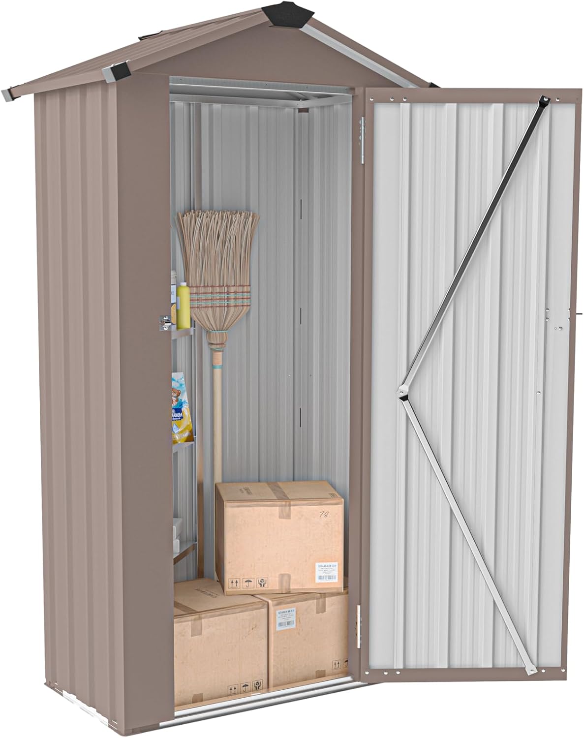 Outdoor Metal Storage Shed, Waterproof Garden Tool Shed with Lock, Galvanized Steel Utility Cabinet, Weather-Resistant Storage Locker for Backyard, Patio, Garage Tools Organization (Brown)