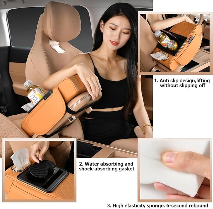 Car Armrest Cushion for SUV with Cup Holder 2.75" Height,5-in-1 Center Console Cover with 2 Storage Bags, Tissue Box Slot, Phone Slot for Sedans, Accessories Interior Organizers (Grey)