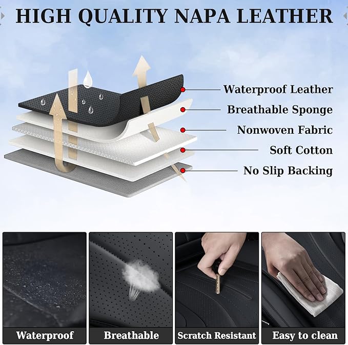 Coverado Car Seat Covers Full Set, Waterproof Nappa Leather Seat Cover for Cars, Luxury Universal Seat Cover, Front and Back Car Seat Protector Car Seat Cushion Fit for Most Cars(Black)