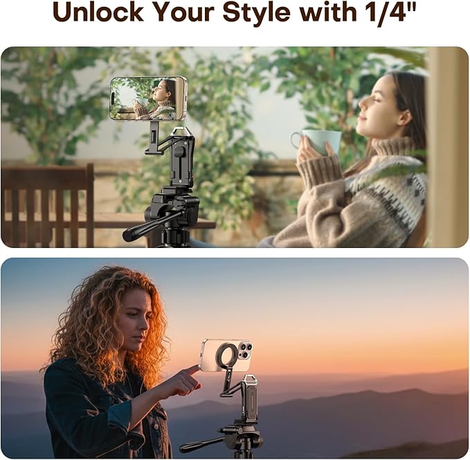 OMOTON 360°Rotating for MagSafe Tripod with 1/4" Screw Arca, Adjustable Magnetic Phone Tripod for iPhone 17/16/15 Pro Max Air, Fold Selfie Stick Fits Vlog, Gym, Travel Essentials, Black& Black Pro