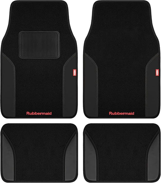 Rubbermaid Car Mats, Carpeted Floor Car Mat with Faux Leather & Built-in Heel Pad, Two-Tone Car Rug Floor Mats, Stylish Carpeted Floor Mats for Cars, Trucks & SUVs Black Color