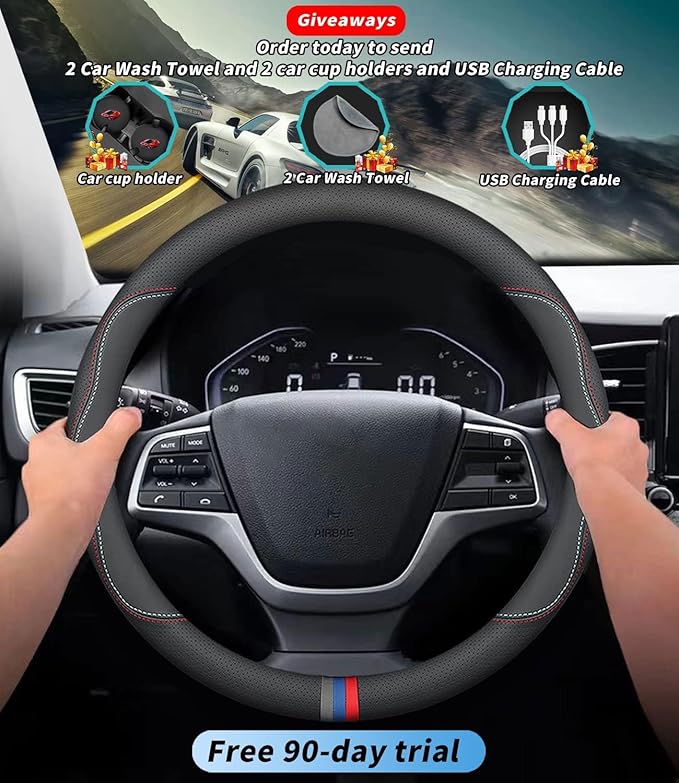 Custom-Fit for BMW Steering Wheel Cover, Premium Leather Car Steering Wheel Cover with Logo, Non-Slip, Breathable, for B-MW Accessories (C-Style,for BMW)