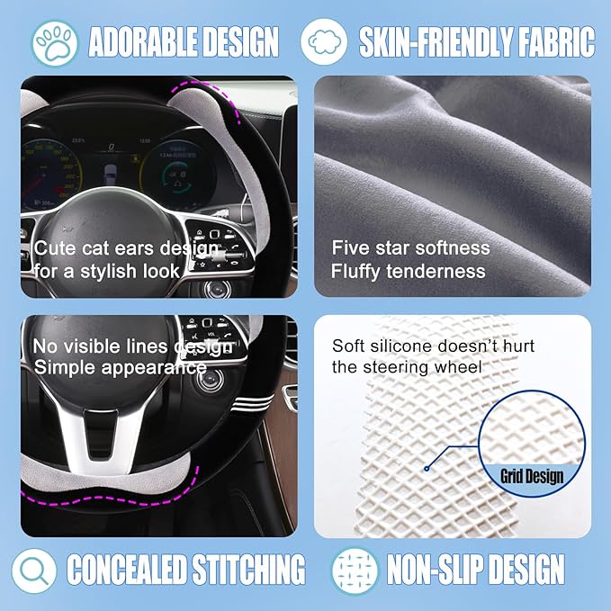 14 inch Furry Cute Steering Wheel Cover, Soft Fluffy Short Plush Auto Accessories, Non-Slip Cold-Proof Sweat-Proof Colorfast(Black with Gray)