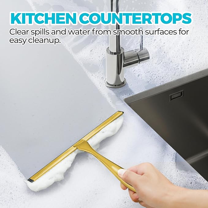 ALFLOD 2PACK 12-Inch Golden All-Purpose Shower Squeegee for Shower Doors, Bath Linen Sets, Tile Shower Walls, Bathroom, Window, Glass and Car Windshield, Mirrors and Kitchen-Stainless Steel