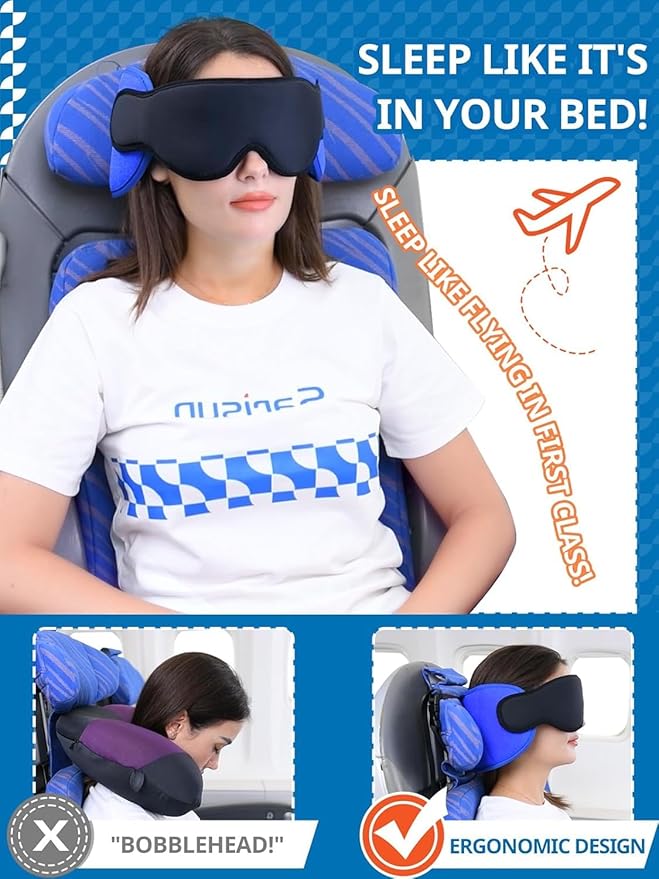 Travel Pillows for Airplanes, Airplane Pillow for Long Flight, Airplane Head Strap with Eye Mask for Sleep, Travel Neck Pillow for Car Road Trip, 360° Support Headrest, Stop Bobblehead, Orange