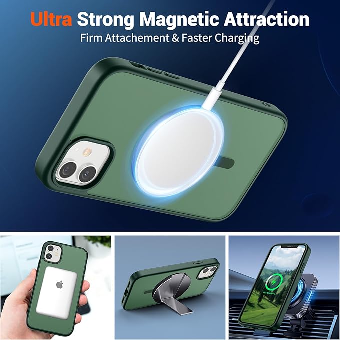 SUPFINE Magnetic for iPhone 12 Mini Case & iPhone 13 Mini Case (Compatible with MagSafe) (Military Grade Drop Protection) Slim Translucent Matte Shockproof Phone Cover,Forest Green