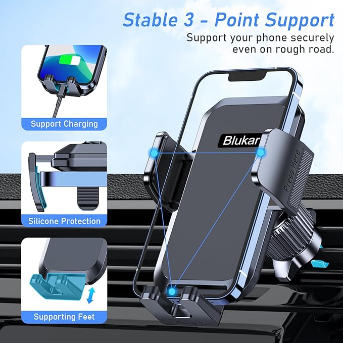 Blukar Car Phone Holder Mount, Super Stable Air Vent Cell Phone Car Mount with 2025 Metal Hook Clip, 360° Rotation,One Button Release for iPhone, Galaxy, Google, and All Other Smartphones