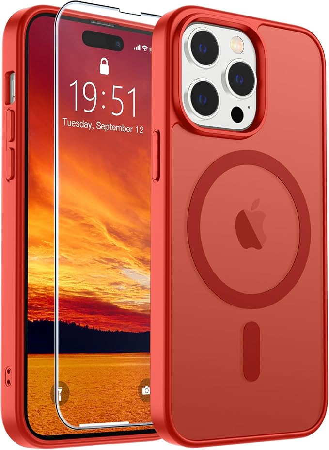 SUPFINE Magnetic for iPhone 14 Pro Max Case (Compatible with MagSafe) (Military Grade Drop Protection) Slim Translucent Matte Shockproof with Anti-Fingerprint Phone Case,Red