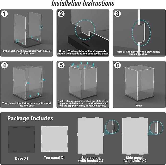 Choowin Acrylic Display Case for Lego Cat 21349, R2D2 75308, Transformers Soundwave 10358, Thickened Clear Acrylic Display Cases for Collectibles, Assemble Dustproof Display Box (Black)