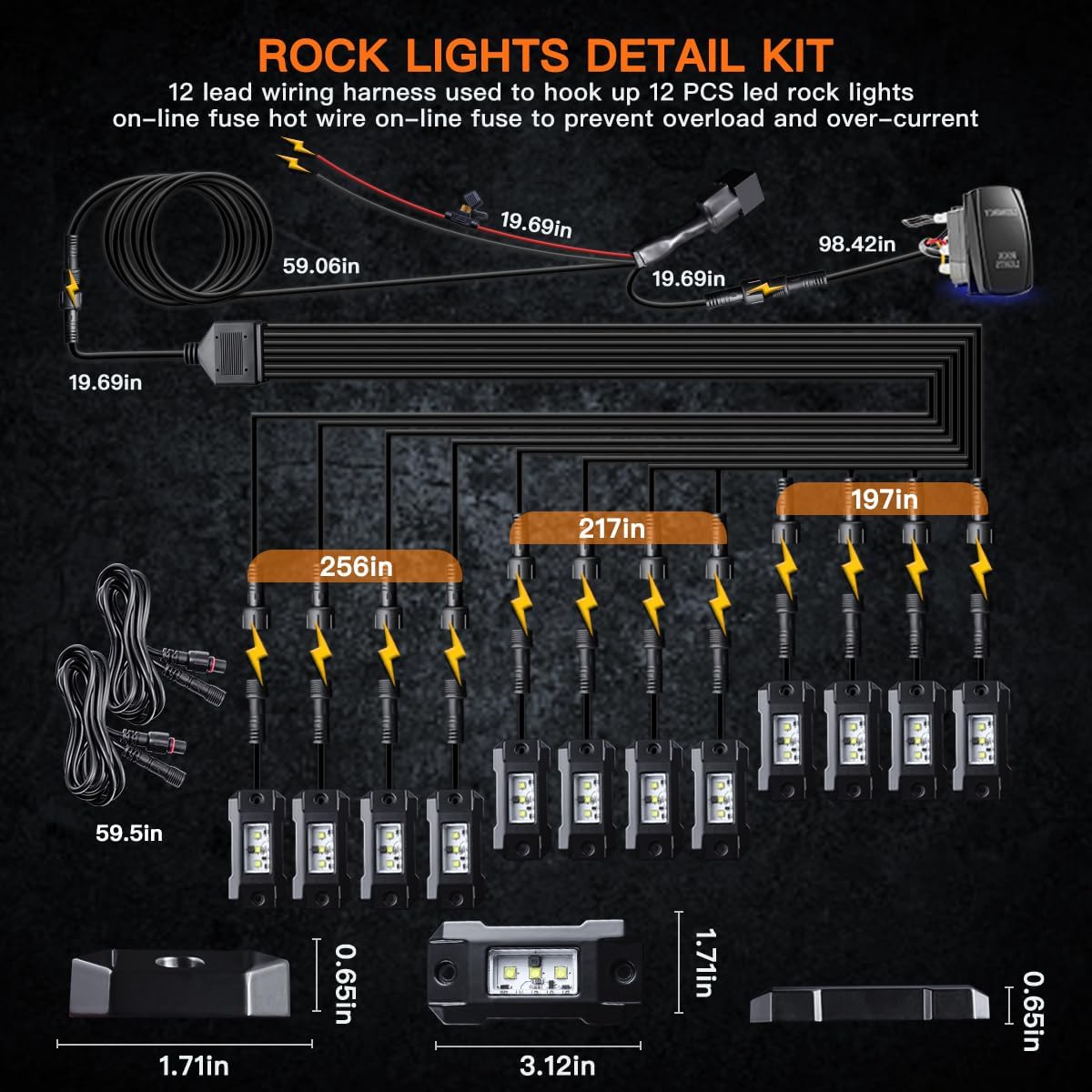 R4 Pure White LED Rock Lights Kit with Roker Switch Wire Harness 12PCS Rock Lights White for Offroad Trucks ATV UTV SUV Underglow Light Trail Rig Light Under Body High Power Waterproof
