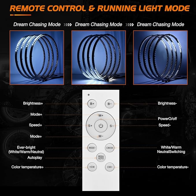 Nilight 4PCS 15.5inch Double Row LED Wheel Ring Lights Pure White with Remote Control w/Turn Signal Braking and Reverse Function Dual Row for Car Van SUV Truck