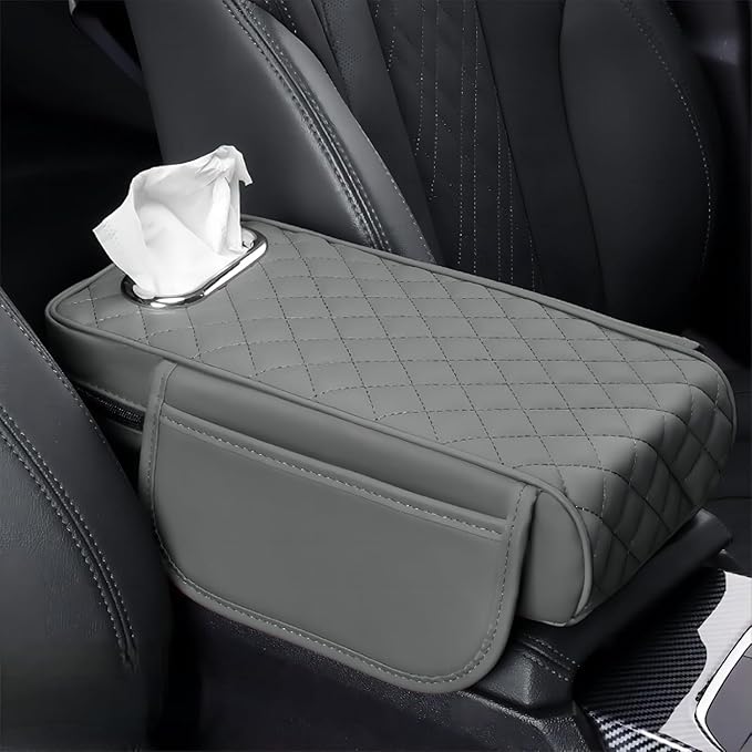 Car Center Console Cover for Infiniti FX SUV FX35 / FX37 / FX40 / FX45 /FX50, Leather Car Arm Rest Cover, Car Armrest Cushion with 2 Storage Bags Car Center Console Armrest Pad, E Gray