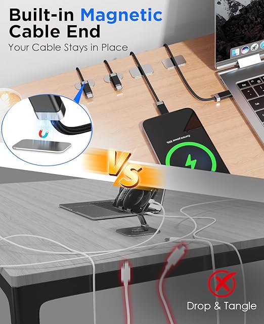 Magtame 2 Pack USB C to USB C Cable 5FT, StayCable with Magnetic Metal Plate Holder, 60W Fast Charging Braid Type-C Charger Cord, Cable Management for iPhone 17/16/15, Laptop, Car, Bedside
