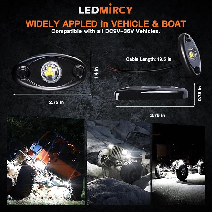 LEDMIRCY R1 Pure White LED Rock Lights 4PCS for Off Road Truck Auto Car Boat ATV SUV Waterproof High Power Neon Trail Lights Underglow Light Interior Exterior Shockproof(4PCS White)