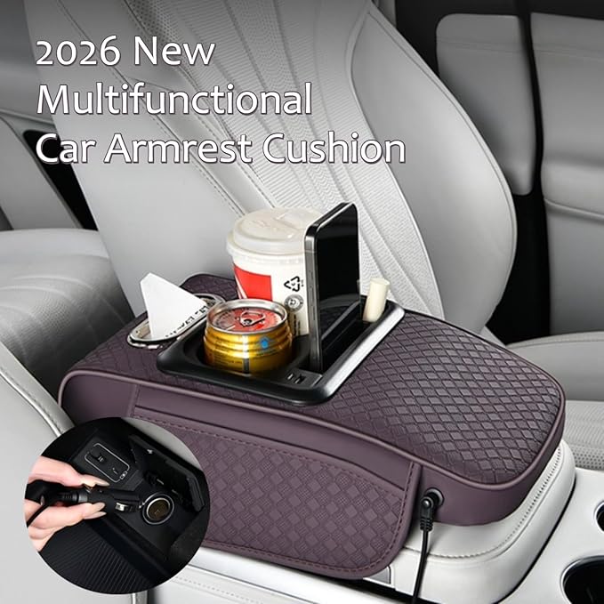 2026 Upgraded Car Center Console Cushion with 30w USB& Type-C Charging Ports, Leather Car Armrest Pad Cover, Interior Accessories for Most Vehicles (Ergonomic Sloped Version, Red)