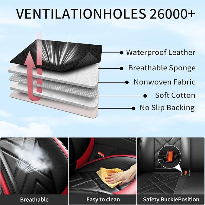CX-70 Car Seat Covers Fit for Mazda CX-70 2025-2026, Full Coverage Premium Leather Waterproof Breathable Seat Covers, Automotive Seat Protectors, Airbag Compatible(2 Front Seats, Black & Red)