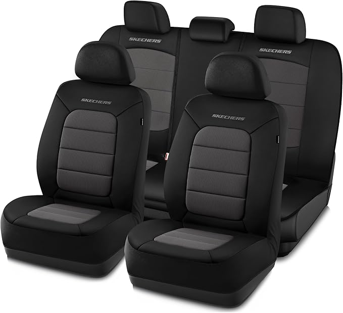 Skechers Memory Foam Car Seat Covers,Thick Cool Touch Fabric Seat Covers,Seat Cover Full Sets Airbag Compatible,Automotive Comfort Protection for Most Cars,Vans,Trucks,SUV,Grey
