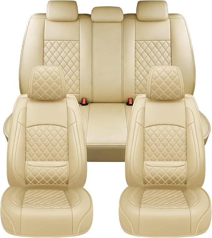 Santa Fe Seat Covers Custom Fit for Hyundai Santa Fe 2007-2026 (Only 5-Seat Version) - Full Set Premium Leather, Waterproof, All-Weather, Airbag Compatible, Car Seat Protectors (Beige)