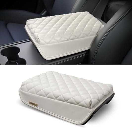 KMMOTORS Fits Model y, Model 3 (2021-2024) Center Console Cover Quilting White, Armrest Cushion, Console Protector, Vegan Leather, Model 3 Accessories, Model y Accessories (Creamy White)