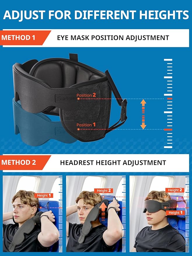 Travel Pillows for Airplanes, Airplane Pillow for Long Flight, Airplane Head Strap with Eye Mask for Sleep, Travel Neck Pillow for Car Road Trip, 360° Support Headrest, Stop Bobblehead, Black