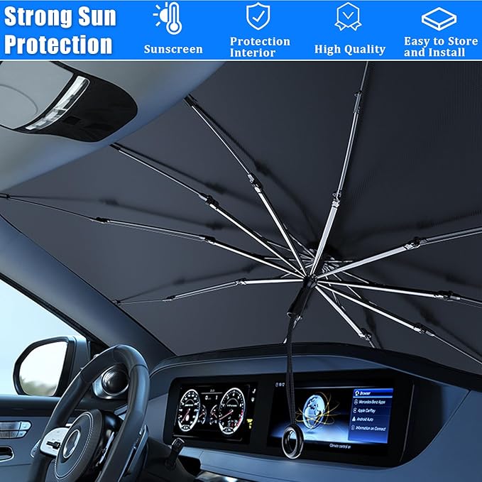 JDDRY Car Front Windshield Sun Shade with Pull Cord, Umbrella Sun Shade for Windshield, 2024 Upgrade Car Umbrella Sunshade, for Tesla (142x95cm/55.9"X37.4")