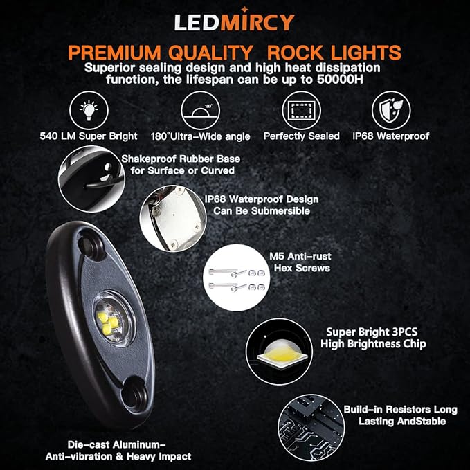 LEDMIRCY R1 Pure White LED Rock Lights 4PCS for Off Road Truck Auto Car Boat ATV SUV Waterproof High Power Neon Trail Lights Underglow Light Interior Exterior Shockproof(4PCS White)