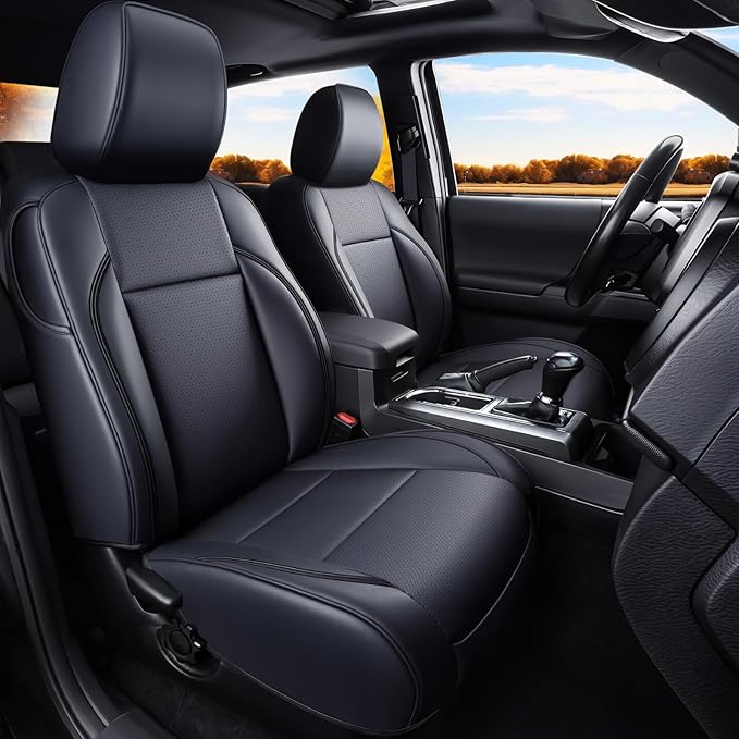 Fit Tacoma Car Seat Covers for Toyota Tacoma 2016-2023 - Upgraded Premium Waterproof & Breathable Leather, Airbag Compatible, All-Weather Seat Cushion Protector (Full Set, Black)