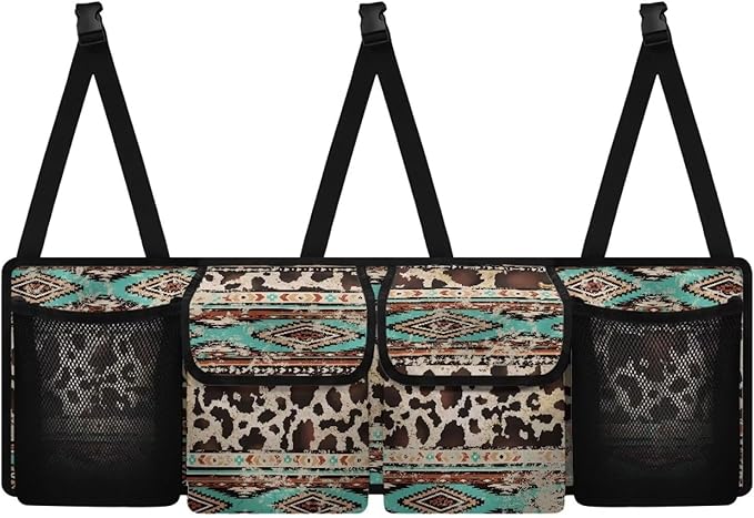 Aztec Cow Car Backseat Trunk Organizer with 4 Pockets Hanging Cargo Bag Multipurpose Trunk Storage Bag with 3 Adjustable Buckles