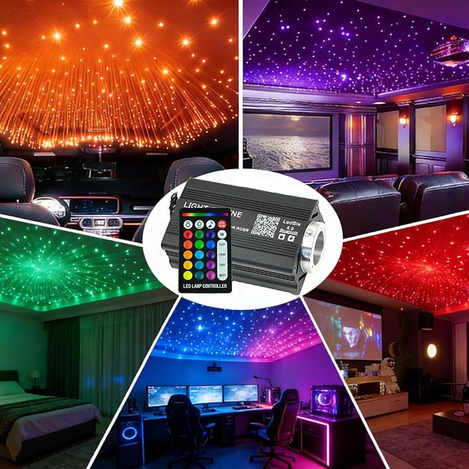 Twinkle Starlight Headliner Kit 500Pcs*0.03in*6.5ft*2m 16W Music/Voice APP/Remote Control Activated Star Light Kit RGBW Fiber Optic Star Roof Lights for Car Theater Game Bed Room Ceiling