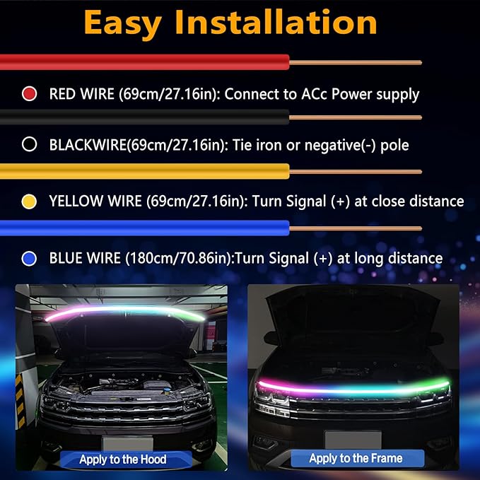 59 Inches RGB Multi-Color Dynamic Scanning Starter Hood Lights, Car LED Hood Light Strip, Exterior Flexible Headlight Waterproof Daytime Running Lamps Strips (1 Set)