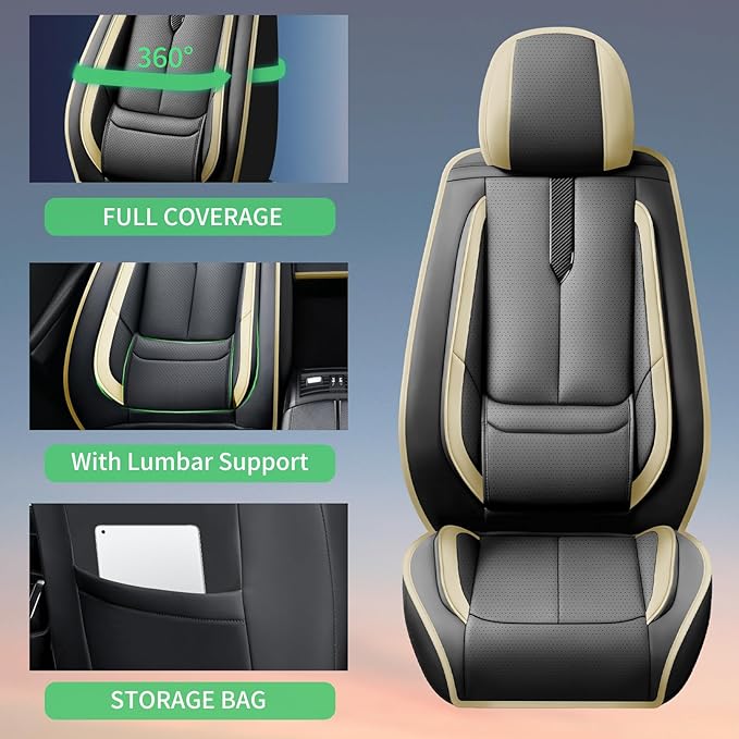 Fit Camry Car Seat Covers for Toyota Camry 2012-2024 2025 2026 -Upgraded Premium Waterproof & Breathable Leather,Airbag Compatible,All-Weather Seat Cushion Protector,2 Front/Black-Beige