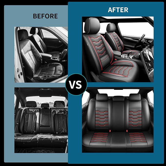 Fit Sonata Car Seat Covers Premium Leather for Hyundai Sonata 2007-2025 2026. Waterproof， Breathable, Scratch-Resistant & All-Weather Seat Cushion Protector（Full Set,Red Line Black