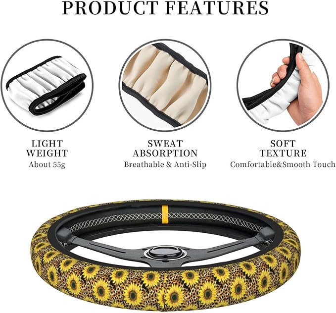 Sunflower Leopard Print Auto Car Steering Wheel Cover Universal 15 Inch Neoprene Interior Decor Protection Accessories