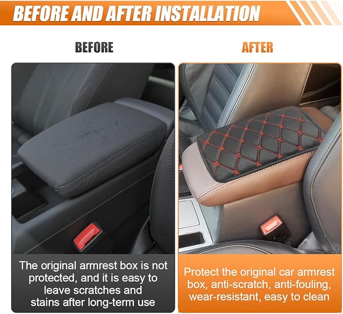 Leather Center Console Cover for Cars, Waterproof Arm Rest Box Protective Cover Car Center Console Cushion Pad, Universal Middle Console Armrest Pad Cover for Most Vehicles (Black/Red)