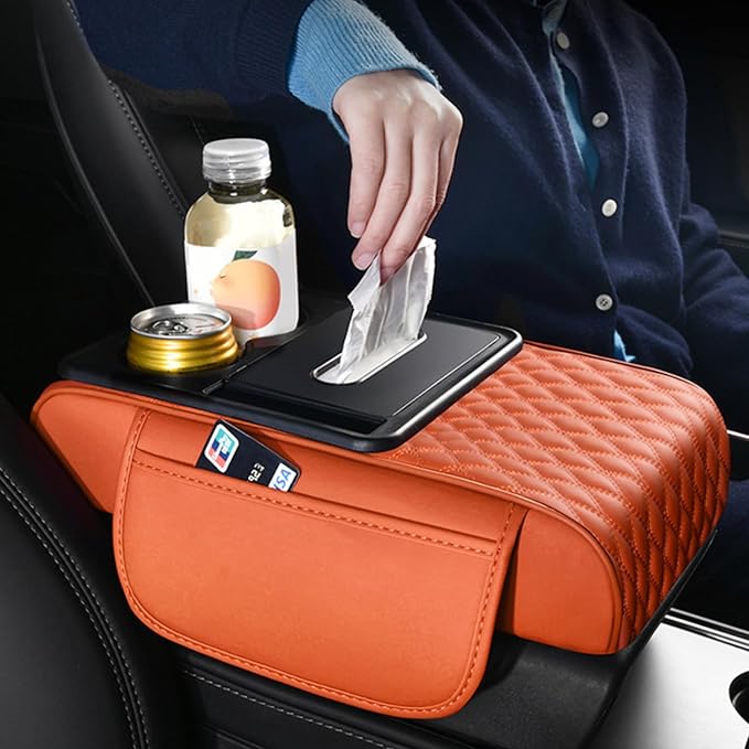 Car Center Console Armrest Pad, Arm Rest Box Cushion with Ergonomic Height Boost, Storage Pockets, Built-in Tissue Box, Cupholder, Fit for Most Sedan Vehicles (Embroidery Water Ripple, Coffee)