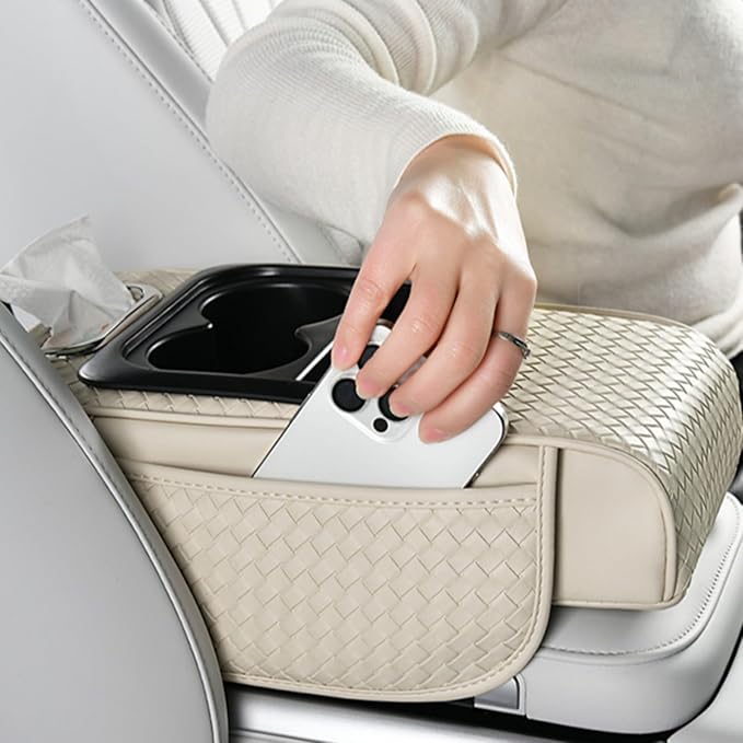 Car Armrest Cushion Cover Car Center Console Memory Foam Booster Pad with Storage Pocket and Tissue Hole for Sedan Vehicle (Cupholder - Green, 13.39 * 7.68 * 2.95'' / 34 * 19.5 * 7.5cm)