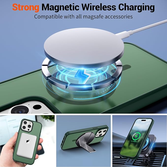 SUPFINE Magnetic for iPhone 15 Pro Max Case (Compatible with MagSafe) (Military Grade Drop Protection) Slim Translucent Matte Shockproof with Anti-Fingerprint Phone Case, Forest Green