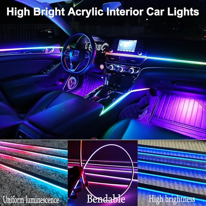 Dreamcolor Acrylic Interior Car LED Strip Light with APP Remote Control, RGB 6 in 1 with 175 inches 593 LEDs Fiber Optic Strip Lights for Car, Dynamic Chasing Music Sync Neon Car Ambient Lighting Kits