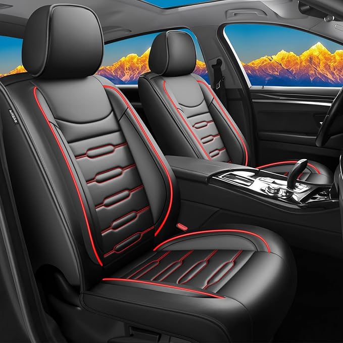 Fit Camry Car Seat Covers for Toyota Camry 2012-2024 2025 2026 - Upgraded Premium Waterproof & Breathable Leather, Airbag Compatible, All-Weather Seat Cushion Protector (Full Set, Black+Red)