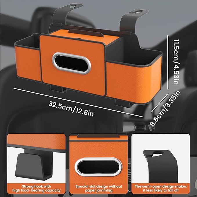 Multifunctional 3‑in‑1 Car Seat Back Storage Box Organizer with Cup Holders, Tissue Box Slot & Headrest Hooks – Backseat Car Organizer for Phones, Snacks, Drinks, Bags, Travel Storage (White)