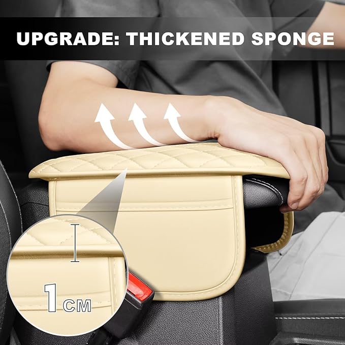 Upgraded Car Center Console Cover Fit for Corolla Faux Leather Car Armrest Cover Cushion with 2 Storage Bags,Car Armrest Storage Box Interior Accessories(Beige&Whiteline)