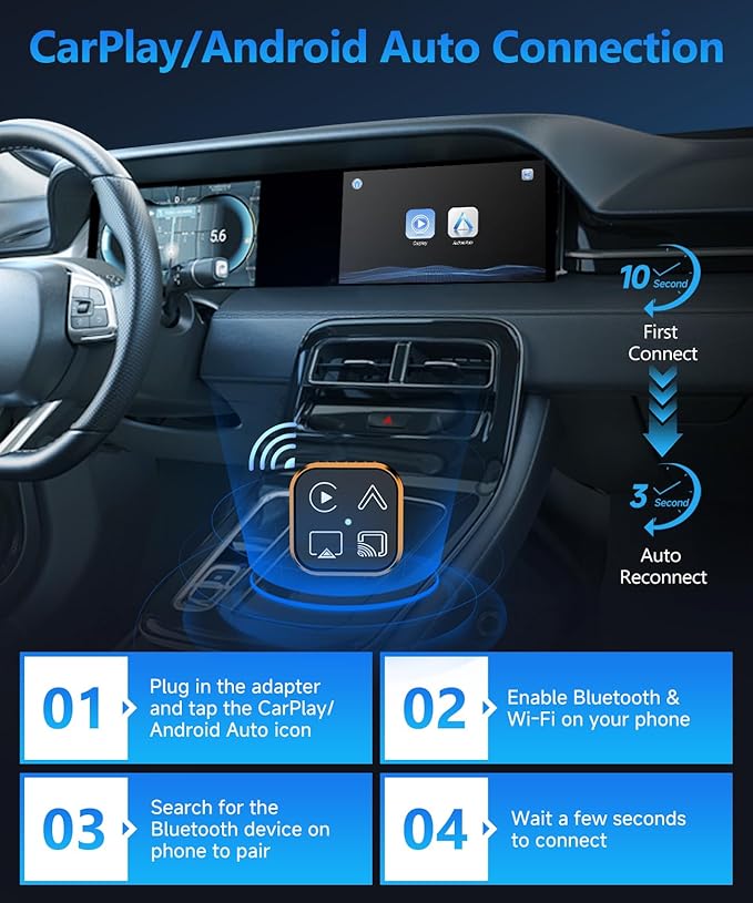 2026 4 in 1 Mini Wireless CarPlay Android Auto Adapter, Support AirPlay MirrorLink, Convert Wired to Wireless, Auto Connect for Daily Commute, Plug and Play Dongle (Orange)