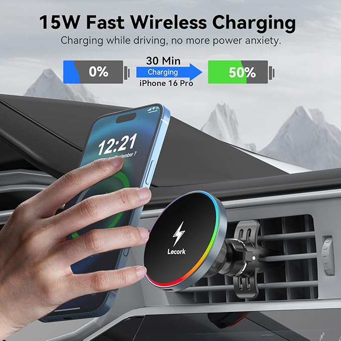 Lecork for Magsafe Car Mount Charger, 15W Air Vent Magnetic Wireles Car Mount Charger for iPhone 17 Pro Max Accessories, Car Phone Holder for iPhone 17 16 15 14 13, Zinc Alloy Case, Deep Grey