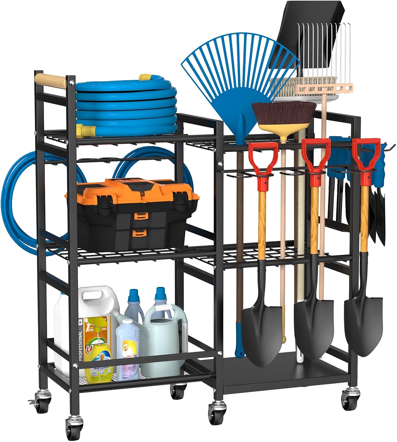 NADAMOO Garden Tool Organizer with Rolling Wheel, 3-tier Metal Shelf Yard Tool Holder, Utility Stand Rack for Garage Organization and Storage, Hold Long-Handled Rakes, Shovel, Broom