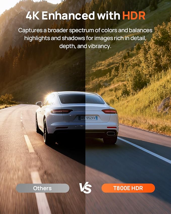 70mai 4K Dash Cam Front and Rear Inside, 3 Channel Car Dash Camera for Cars, Dashcam with GPS, Wi-Fi 6, Voice Control, Parking Monitor, Night Vision, Loop Recording, 64GB SD Card Included (T800E)