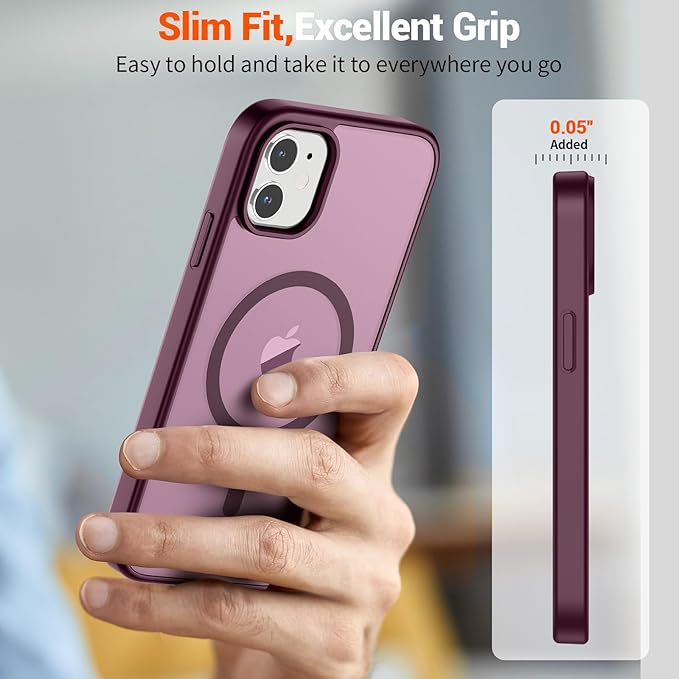 SUPFINE Magnetic for iPhone 12 Mini Case & iPhone 13 Mini Case with Screen Protector (Compatible with MagSafe) (Military Grade Drop Protection) Translucent Matte Shockproof Phone Cover,Wine Red
